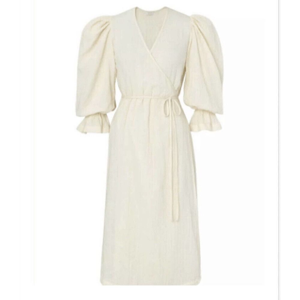RHODE RESORT Emi Wrap Midi Dress Puff Sleeves Ruffle Cream Cotton XS NEW -232294